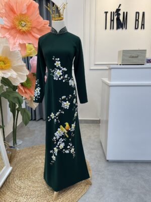 Áo Dài Bà Sui Xanh Ve Chai Vẽ Hoa Mai Trắng Đính Pha Lê BS31 (Hàng Cao Cấp) 2
