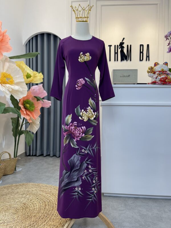 Áo Dài Bà Sui Lụa Tím Than Vẽ Hoa Pha Màu BS19