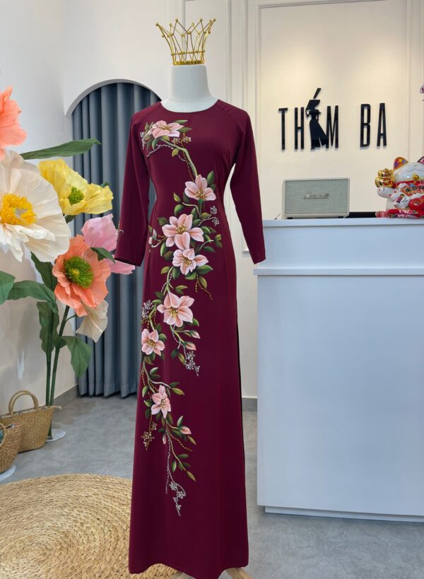 Áo Dài Bà Sui Lụa Đỏ Rượu Vang Vẽ Hoa Đính Pha Lê BS11-2