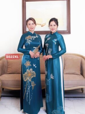 Áo dài Bà Sui Tô Châu Xanh Cổ Vịt Cổ Tròn Đính Kết Ngực BS62