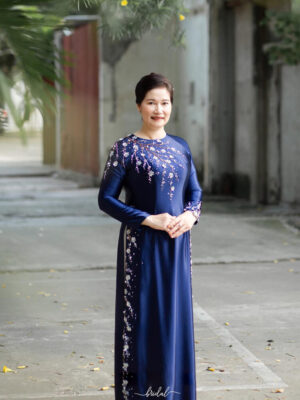 Áo dài Bà Sui Hai Da Xanh Kết Hoa Rơi Vai Tà BS58