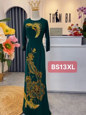 Áo Dài Bà Sui Lụa Xanh Lý Vẽ Hoa Sen Đính Pha Lê Vàng BS12