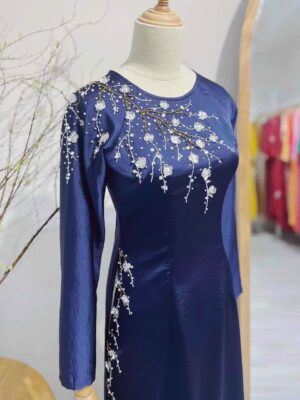 Áo dài Bà Sui Hai Da Xanh Kết Hoa Rơi Vai Tà BS58