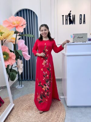 Áo Dài Bà Sui Hồng Vẽ Hoa Đính Kết 3D BS53