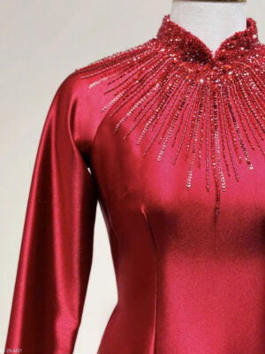 Áo Dài Bà Sui Lụa Tô Châu Kết Rơi Cổ - Đỏ Đô BS111