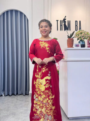 Áo Dài BS Lụa Tô Châu Đỏ Đô Thêu Hoa Mai - Chim Hạc BS97