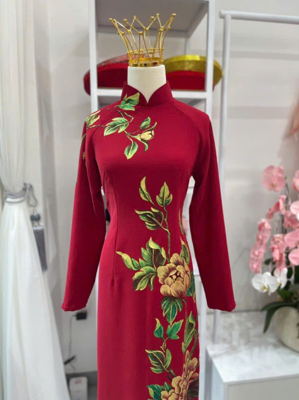 Áo Dài Bà Sui Đỏ Đô Vẽ Hoa Cúc Đính Đá Pha Lê BS32 (Hàng Cao Cấp)