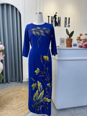 Áo Dài Bà Sui Lụa Xanh Coban vẽ Hoa Pha Màu Đính Pha Lê BS15
