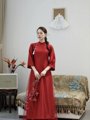 Áo Dài Lụa Vân Gỗ Đỏ Form Suông Kết Charm - 4 Tà