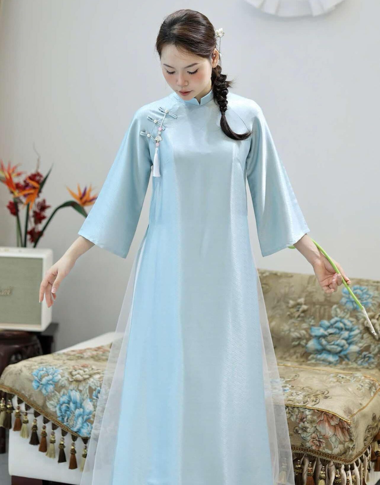 Áo dài lụa vân gỗ form suông kết cham 4 tà