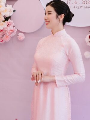 Áo dài cưới lụa tơ tằm hồng phấn pastel