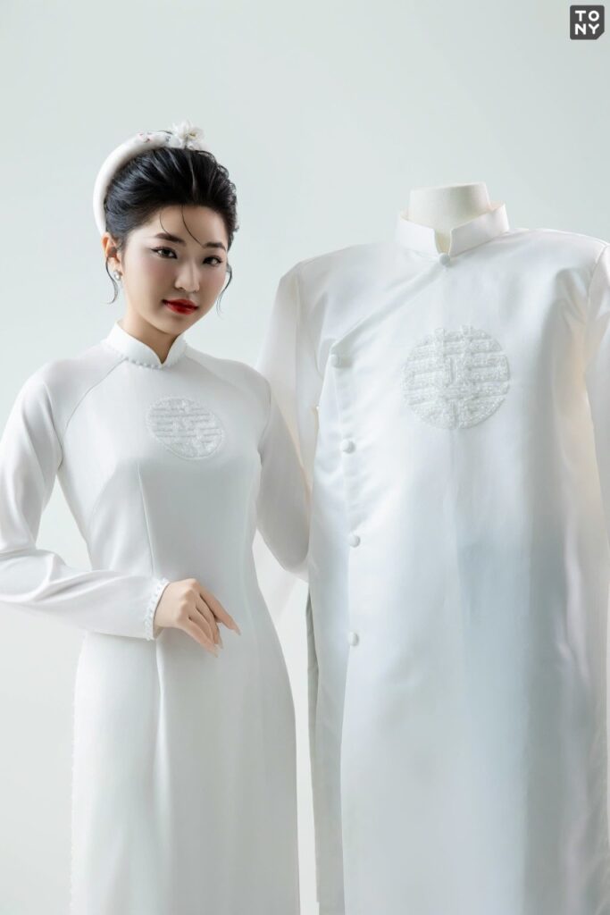 Áo Dài Cưới Kết Hỷ Tròn (Màu Trắng)