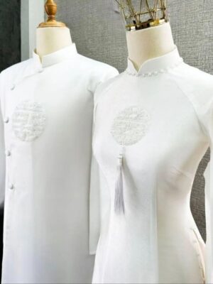 Áo Dài Cưới Kết Hỷ Tròn (Màu Trắng