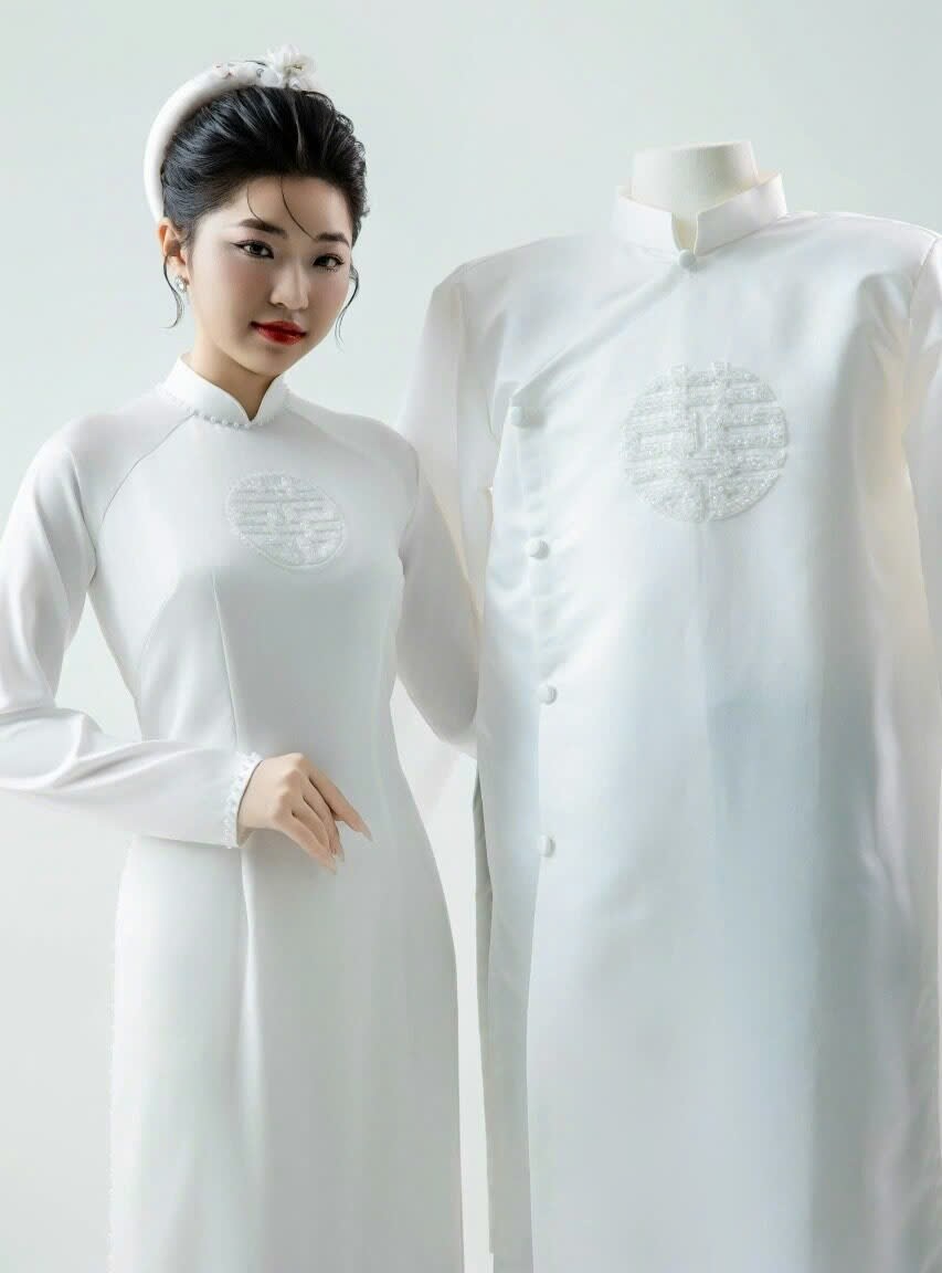 Áo dài cưới đính kết hỷ tròn trắng