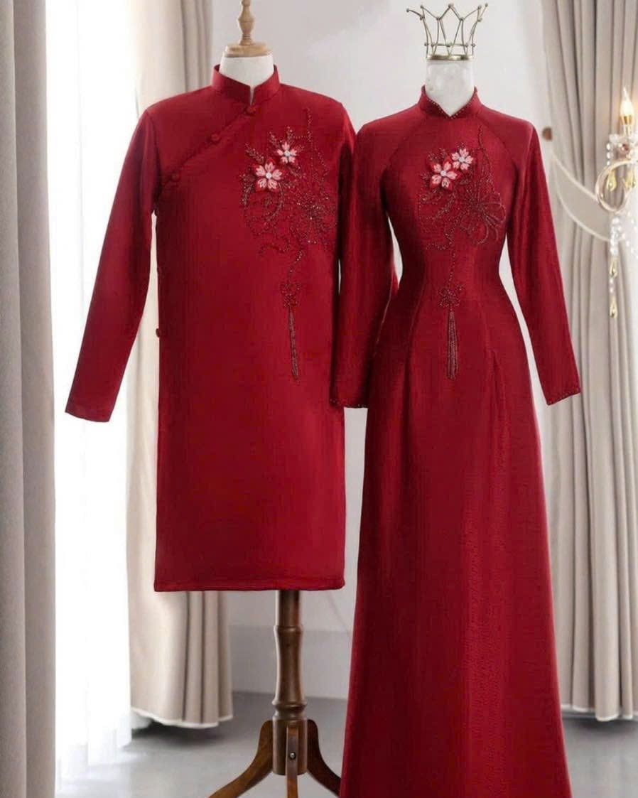 Áo dài cưới Vũ Phiến Hoa đỏ
